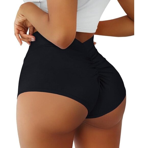 Women Black High Waist Yoga Booty Shorts V Back Scrunch Spandex Pants Bottoms - Picture 1 of 6